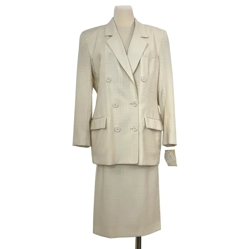 Christian Dior Suit 2pc Double Breasted Blazer and Skirt Cream 12 Vtg w/ Tags